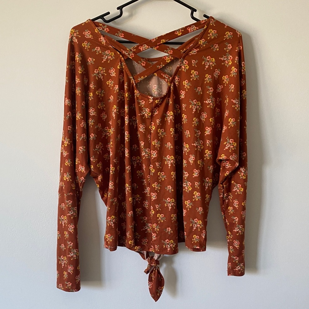 IZ Byer Boho Orange Floral Cross Back Tie Front Long Sleeve Top Juniors Small - Picture 3 of 7